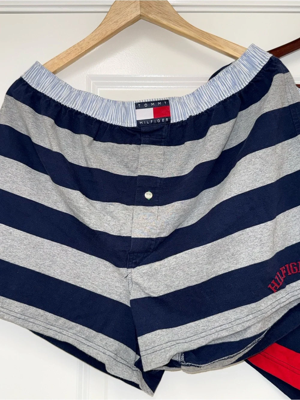 Tommy Hilfiger Men’s Large Striped Boxer Shorts – Navy, Gray & Red Lot Of 2